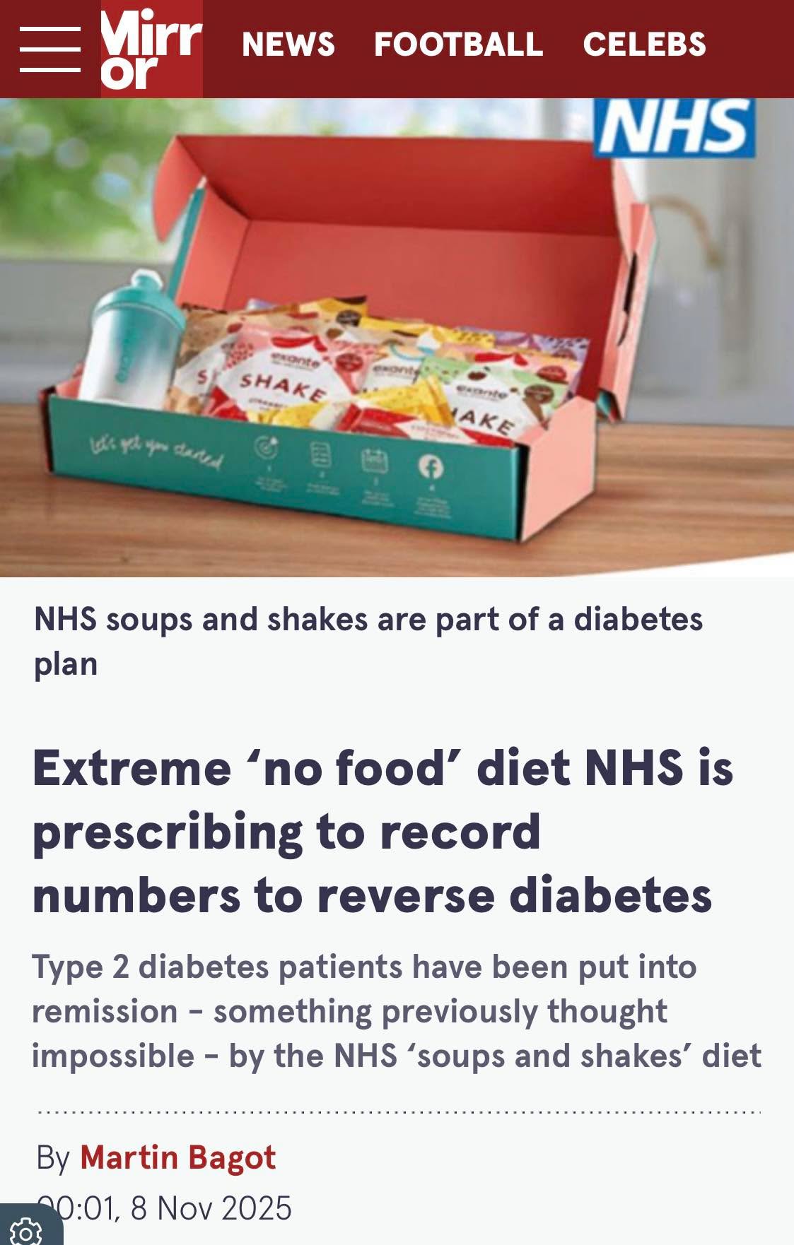 Do you really need anymore proof that the NHS is all about money and not health? 

The NHS box is a powdered total diet replacement made from milk proteins, maltodextrin, vegetable oils, fibre such as inulin and acacia gum, added vitamins and minerals, omega oils, flavourings, sweeteners and thickeners. 

And only 33% reached remission at 12 months. I wonder why? 

It is really does not that complicated, just eat a proper human diet.